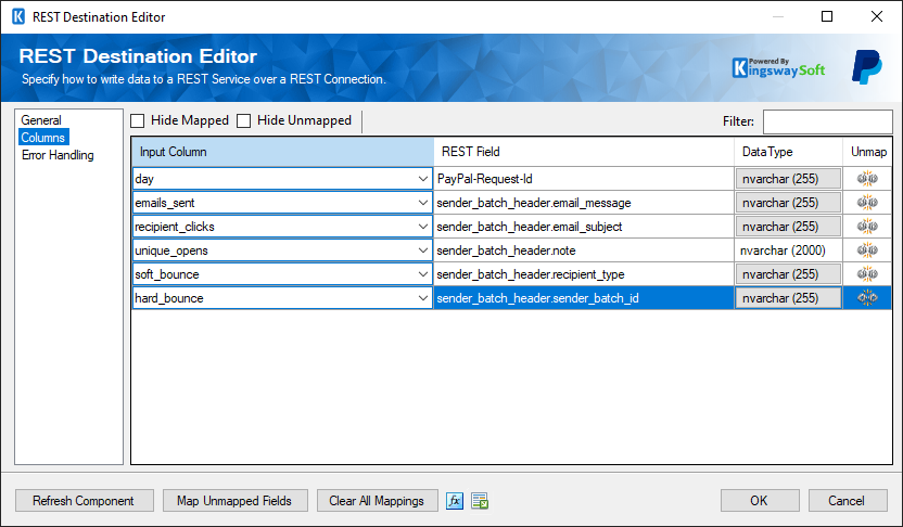 SSIS REST PayPal Destination - Columns